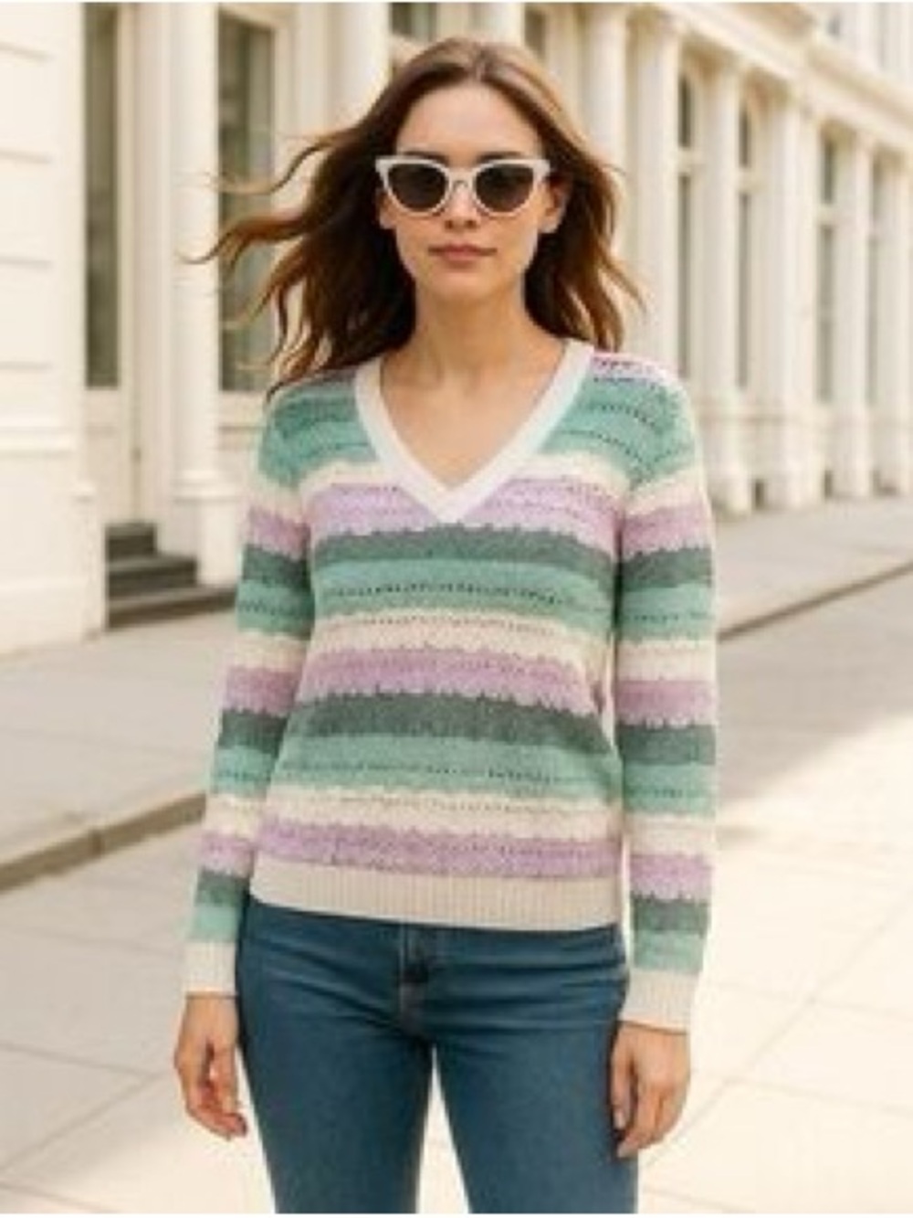 LOFT Multi Color Open Stitch V-Neck Sweater‎ Women’s Size Large